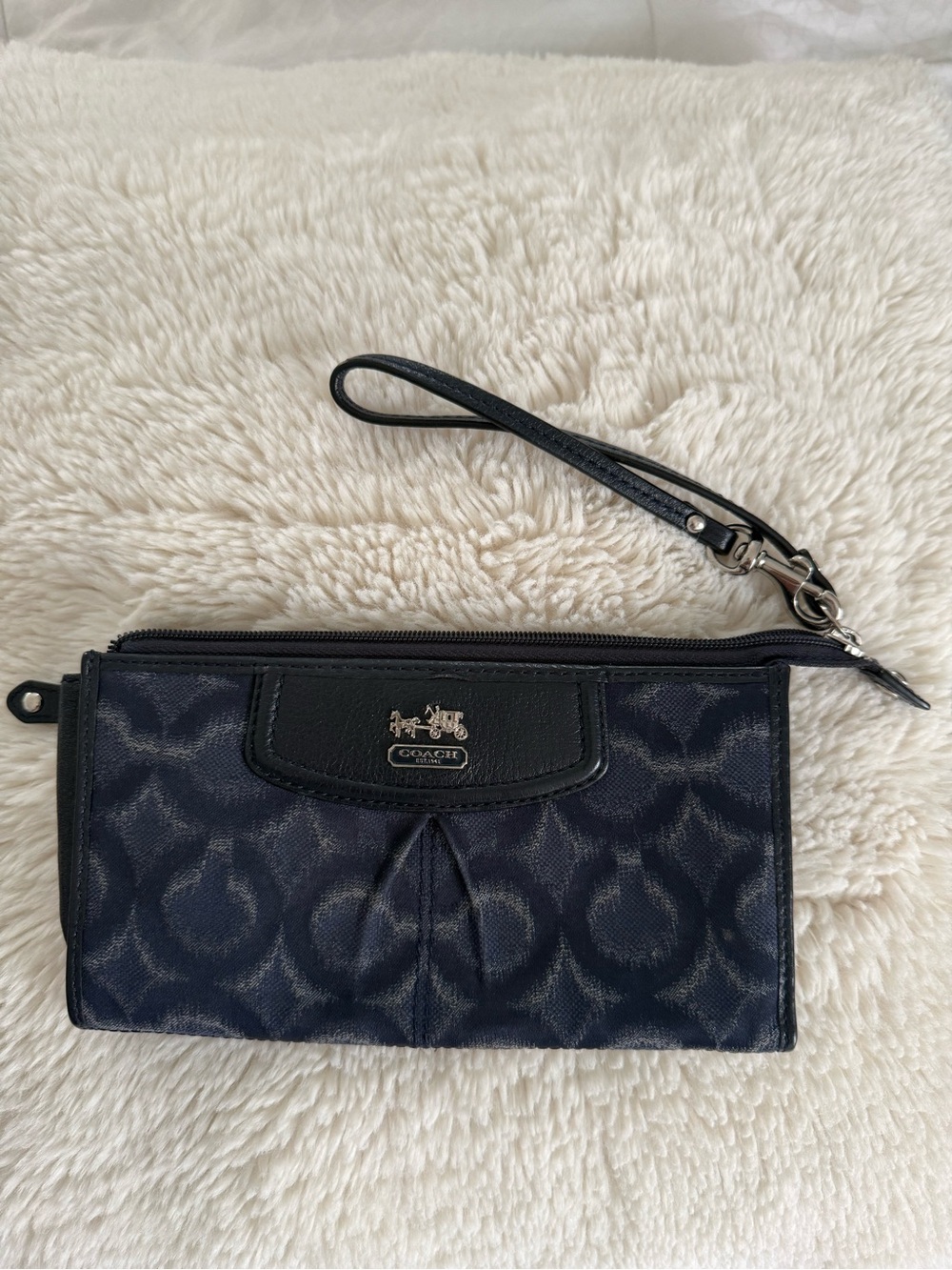 Coach Navy Signature Wristlet with Leather Trim